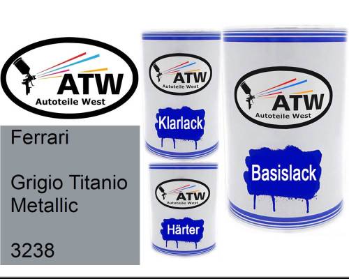 Ferrari, Grigio Titanio Metallic, 3238: 500ml Lackdose + 500ml Klarlack + 250ml Härter - Set, von ATW Autoteile West.